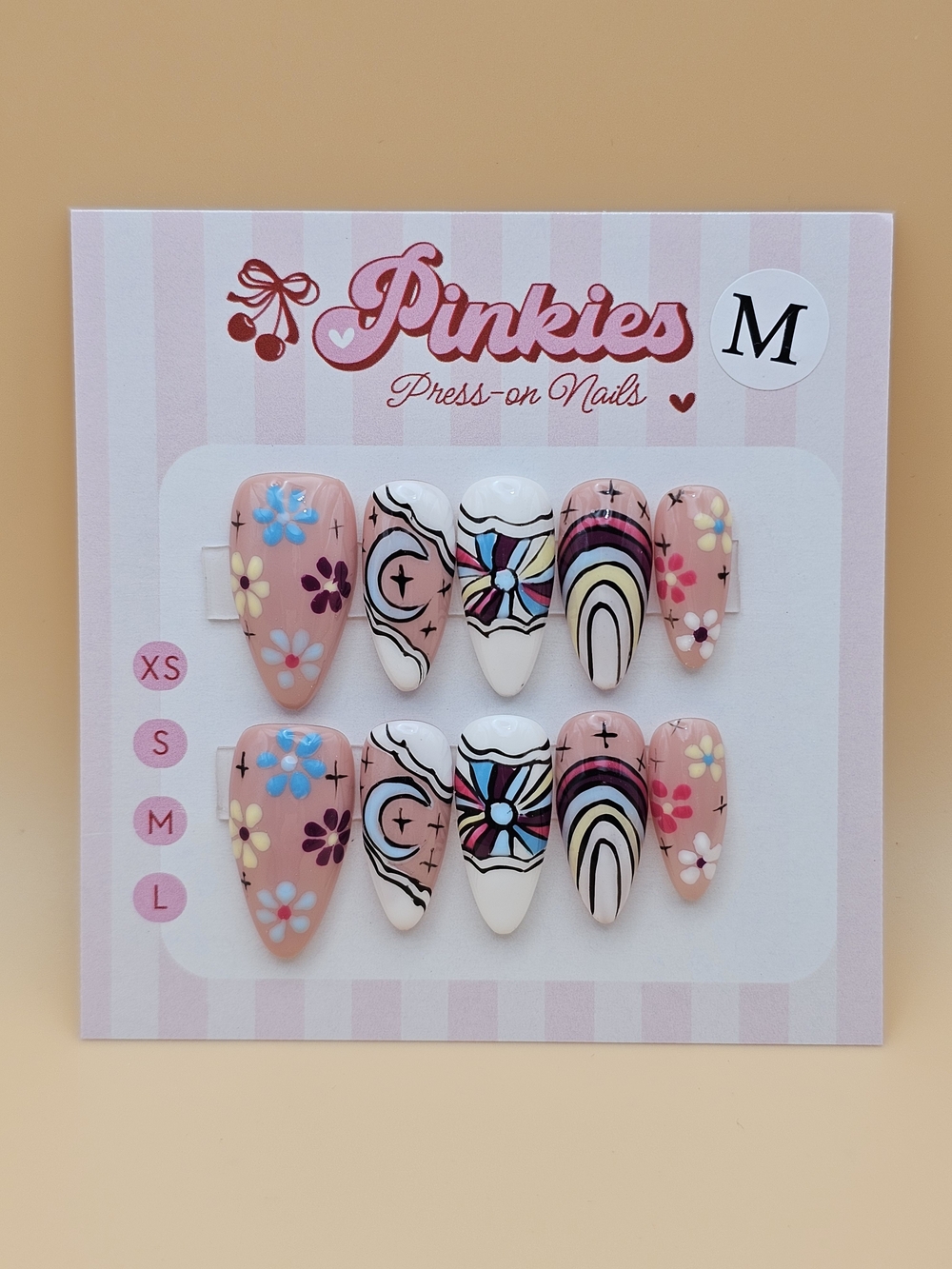 Press-on Nails Set 10pc Size M Almond Flower Hippie Rainbow Moon Stars Clouds